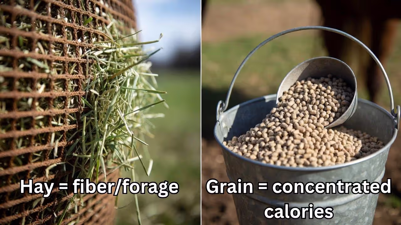 Side-by-side comparison of hay in a hay net and grain in a feed bucket.