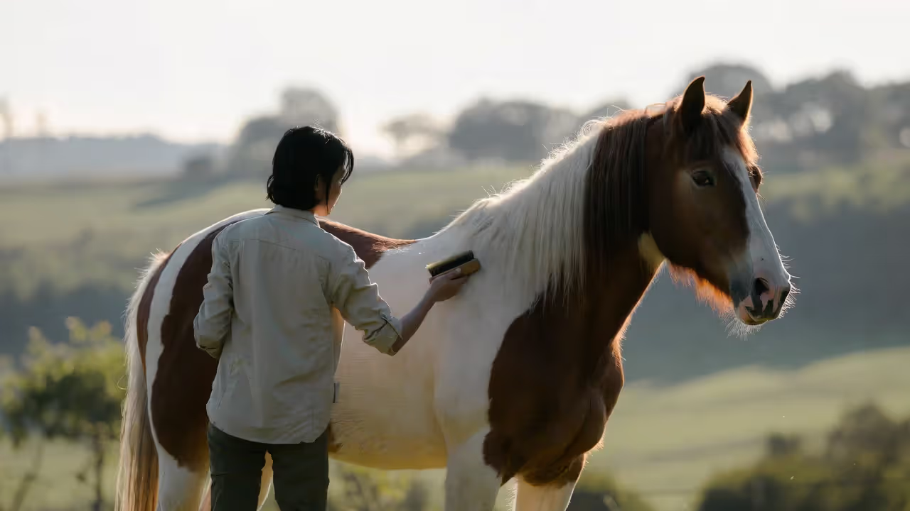 Essential horse grooming tools laid out, including brushes, hoof pick, comb, sponges, and sweat scraper.